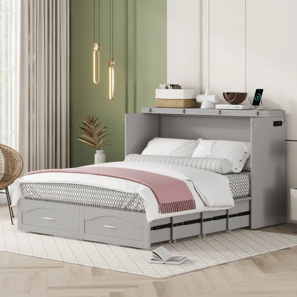 Queen Size Murphy Bed Wall Bed Drawer And USB Sockets lucky furniture