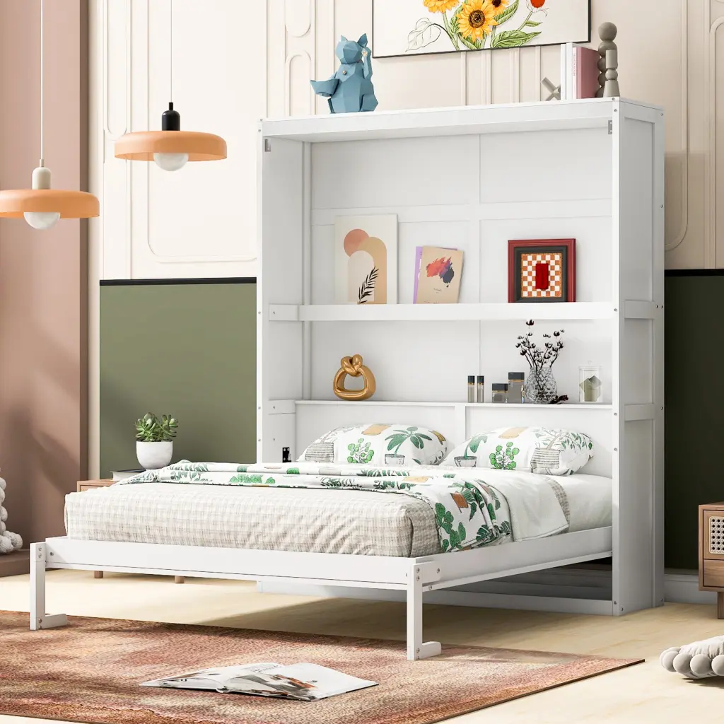 Queen Size Murphy Bed Wall Bed Shelves White Solid Wood MDF lucky furniture