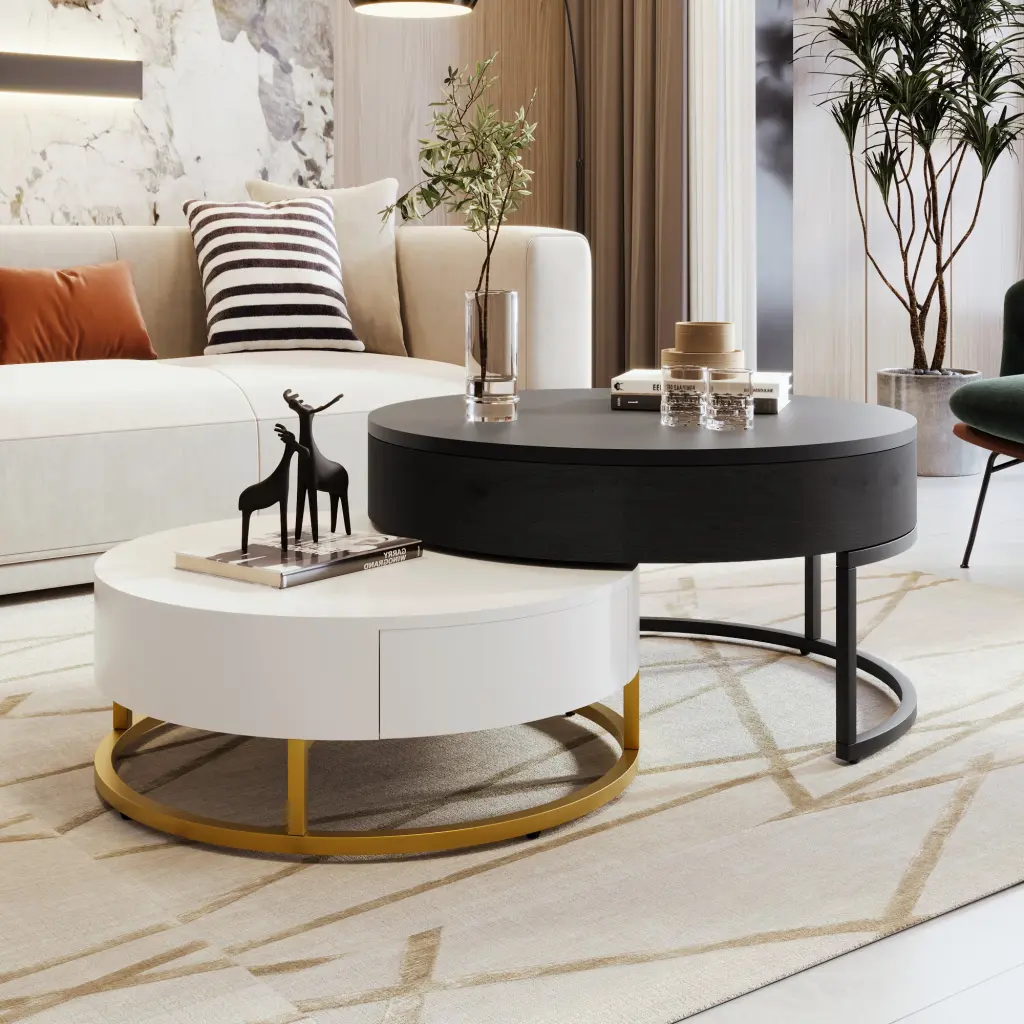 Modern Round Lift Top Nesting Coffee Tables 2 Drawers - White & Black Finish changes