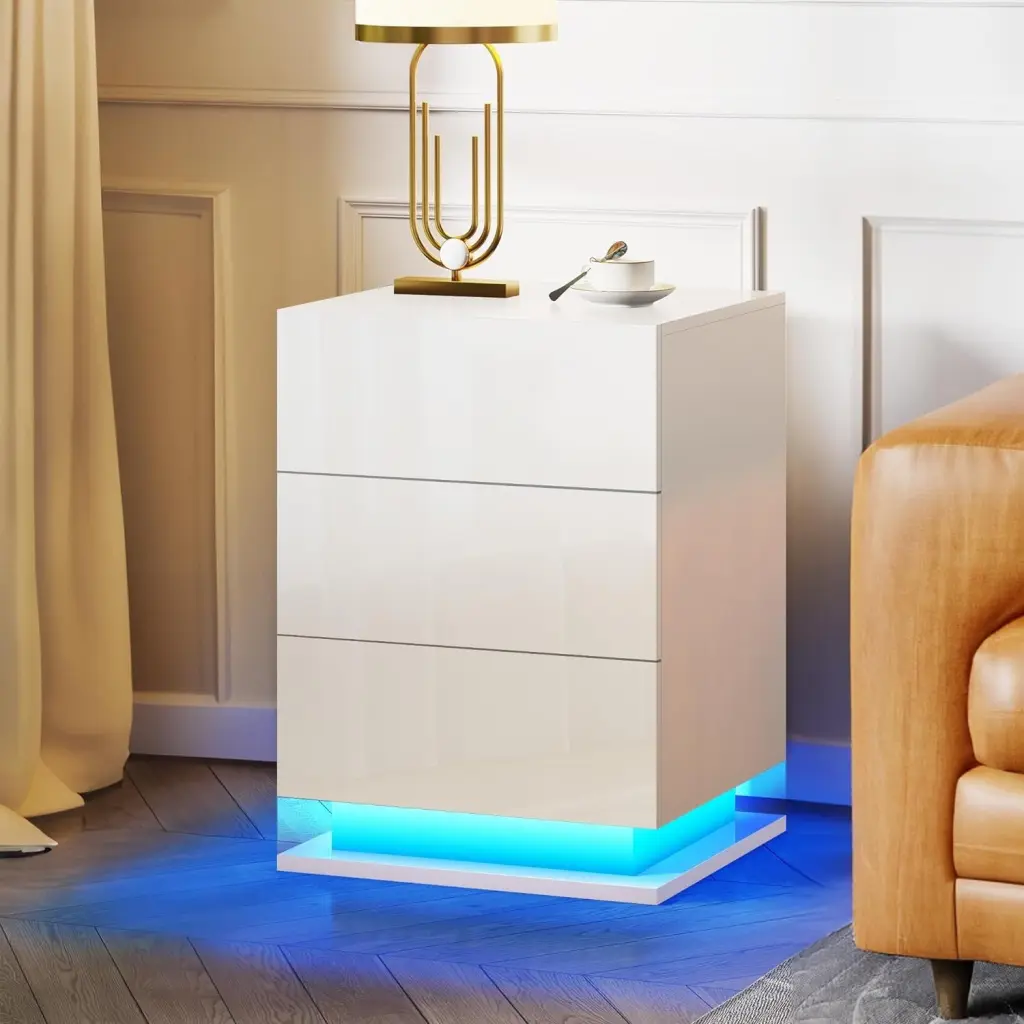 LED Nightstand 3 Drawers White Bedside Table Modern End Side Table rnb