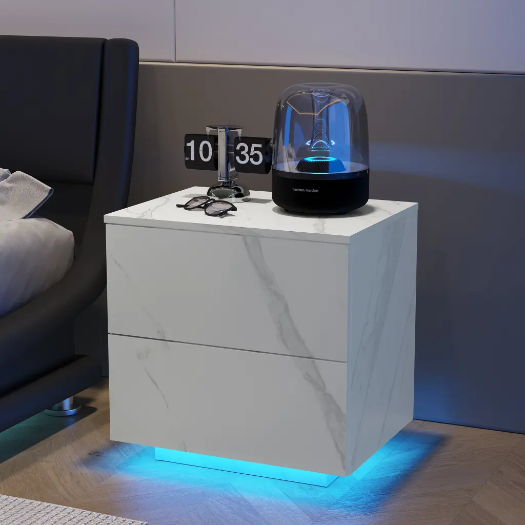 Nightstands LED Side Tables Bedroom Modern End Tables 2 Drawers Functional Storage cubehom