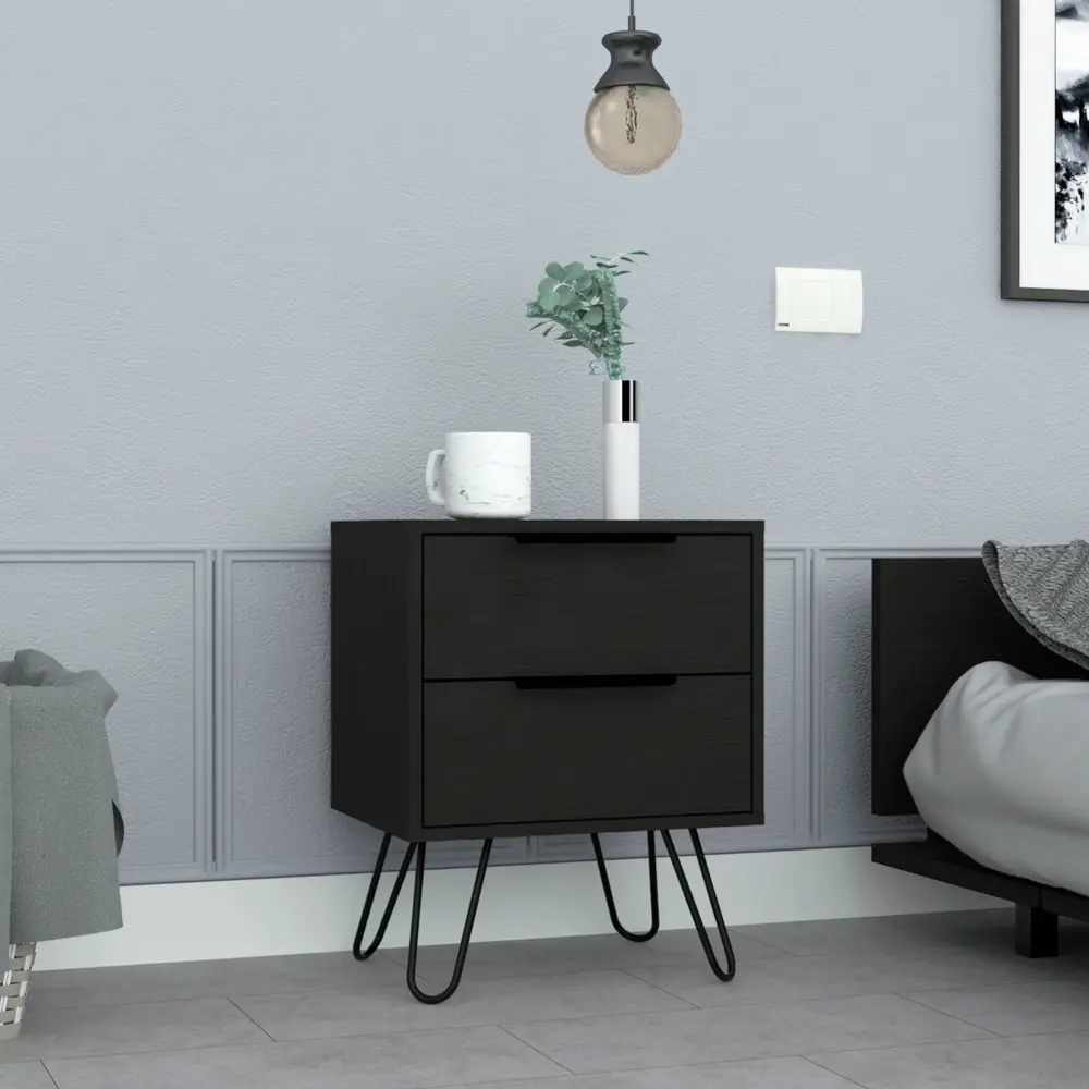 2 Nightstand Set Hairpin Legs Two Drawers Black Particle Board Bedside Tables depot e-shop