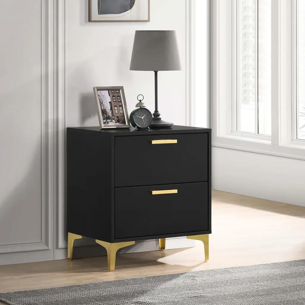 Black and Gold 2 Drawer Rectangular Nightstand Bedroom furniture max