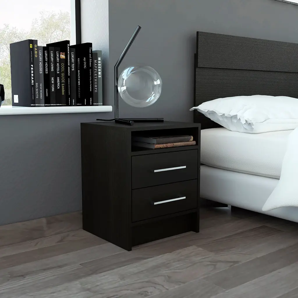 Rowley 2 Drawer 1 Shelf Rectangle Nightstand Black Wengue Particle Board Bedside Table furniture max