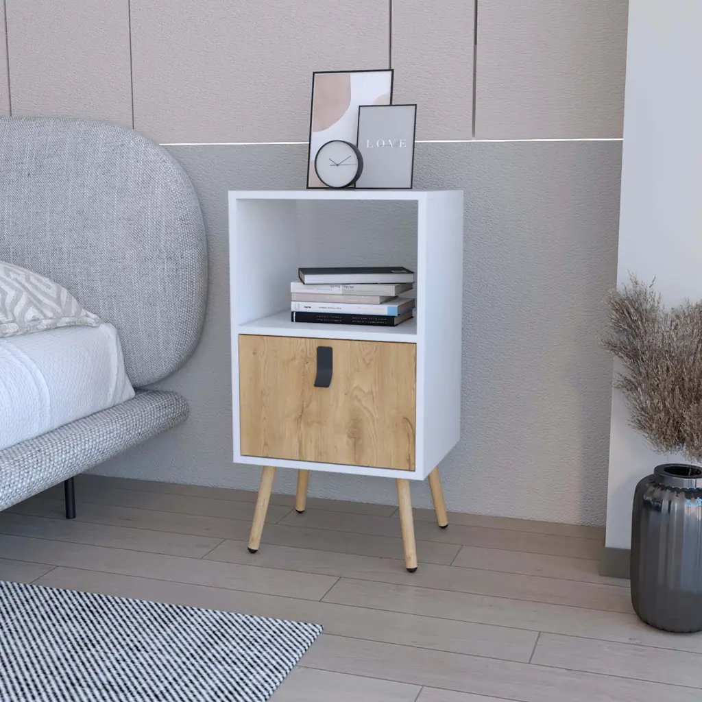 White and Macadamia Open Shelf Tall Nightstand 1 Drawer Bedroom furniture max