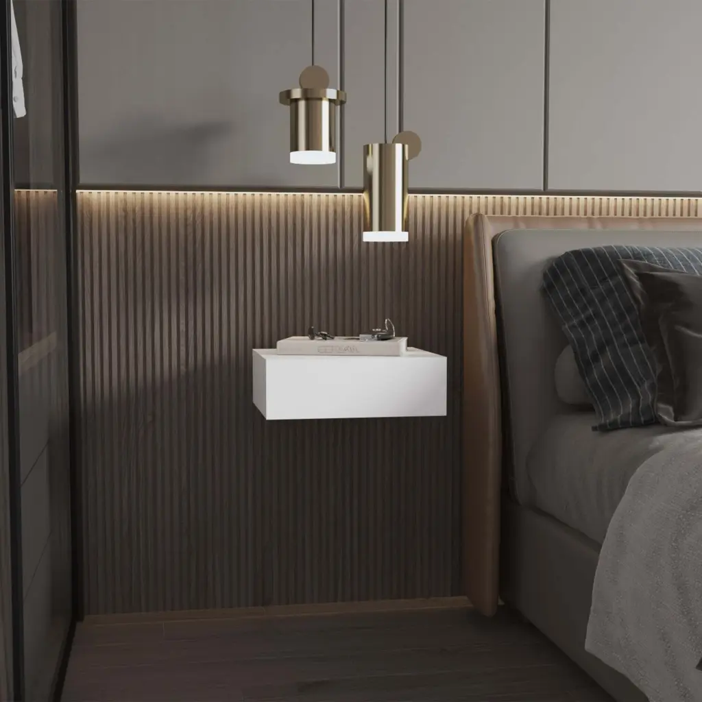 White Wall Mounted Floating Nightstand 1 Drawer Bedroom furniture max