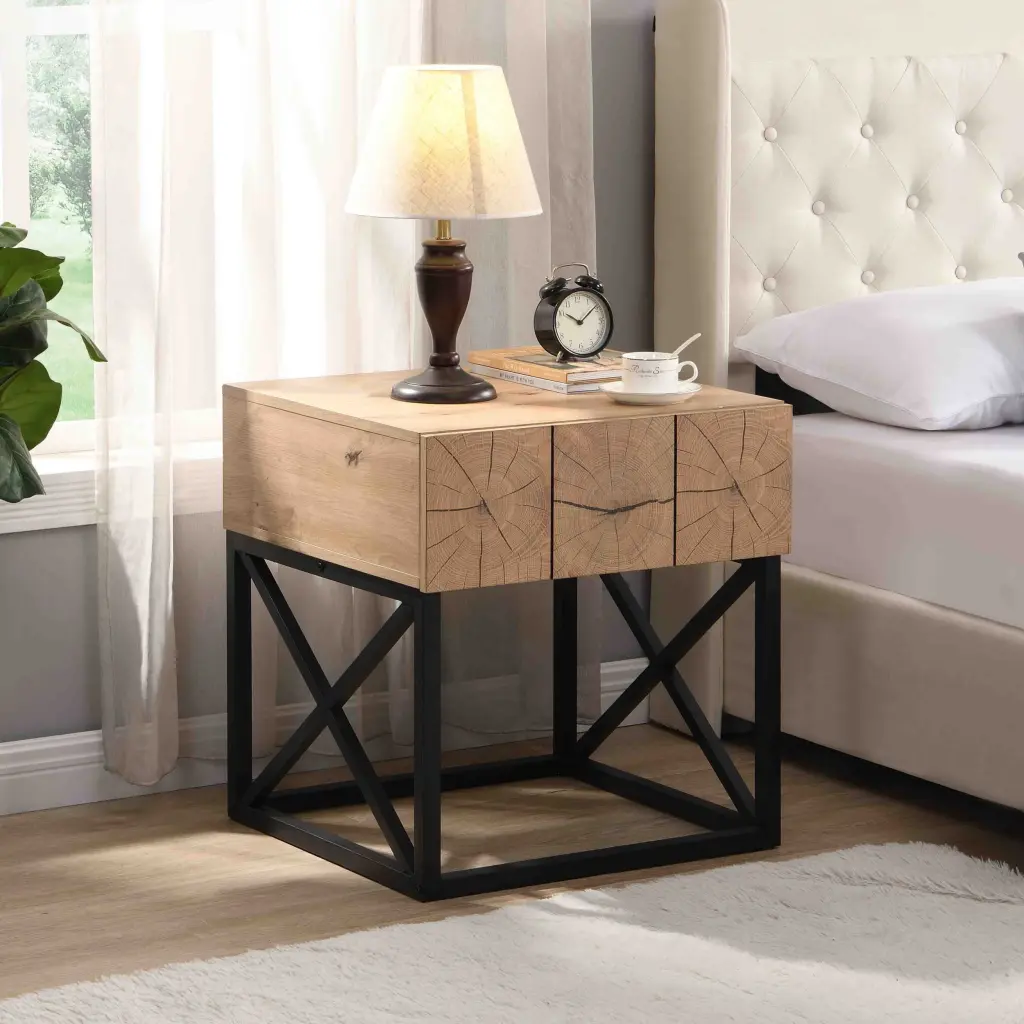 21.65'' Premium Night Stand Drawer - Metal and Wood End Table Industrial Style ghn