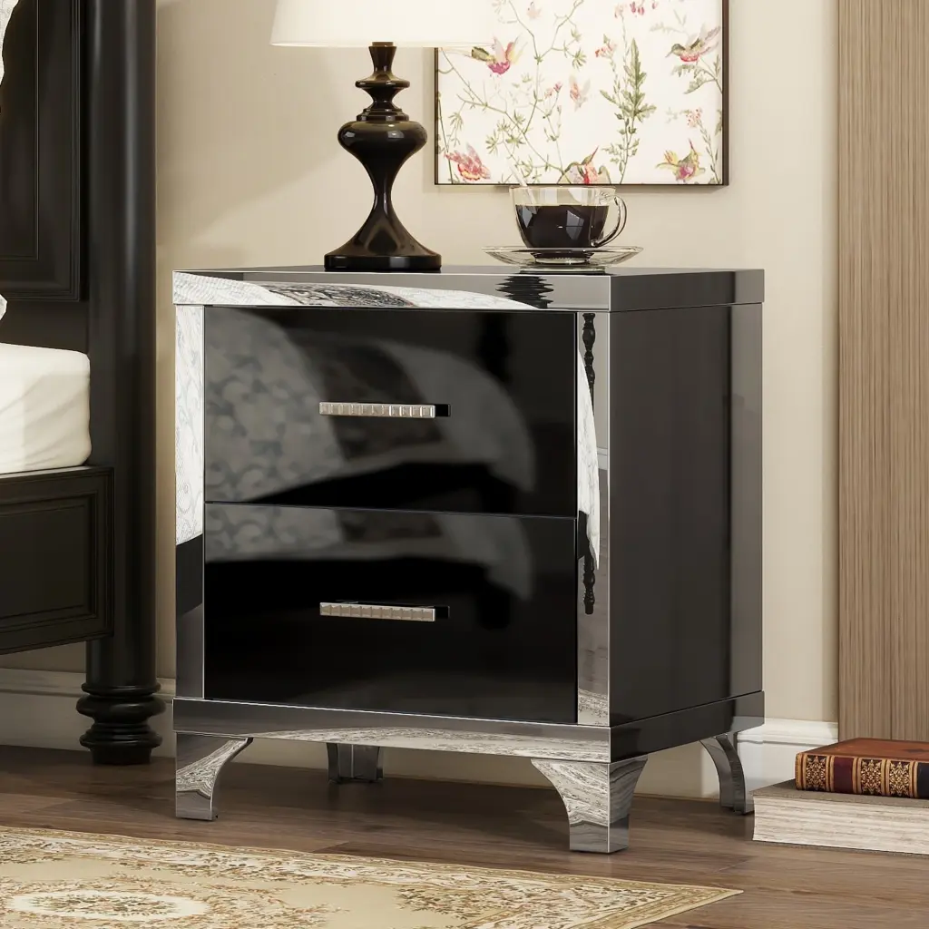 Elegant High Gloss Nightstand Metal Handle Mirrored Table homey life