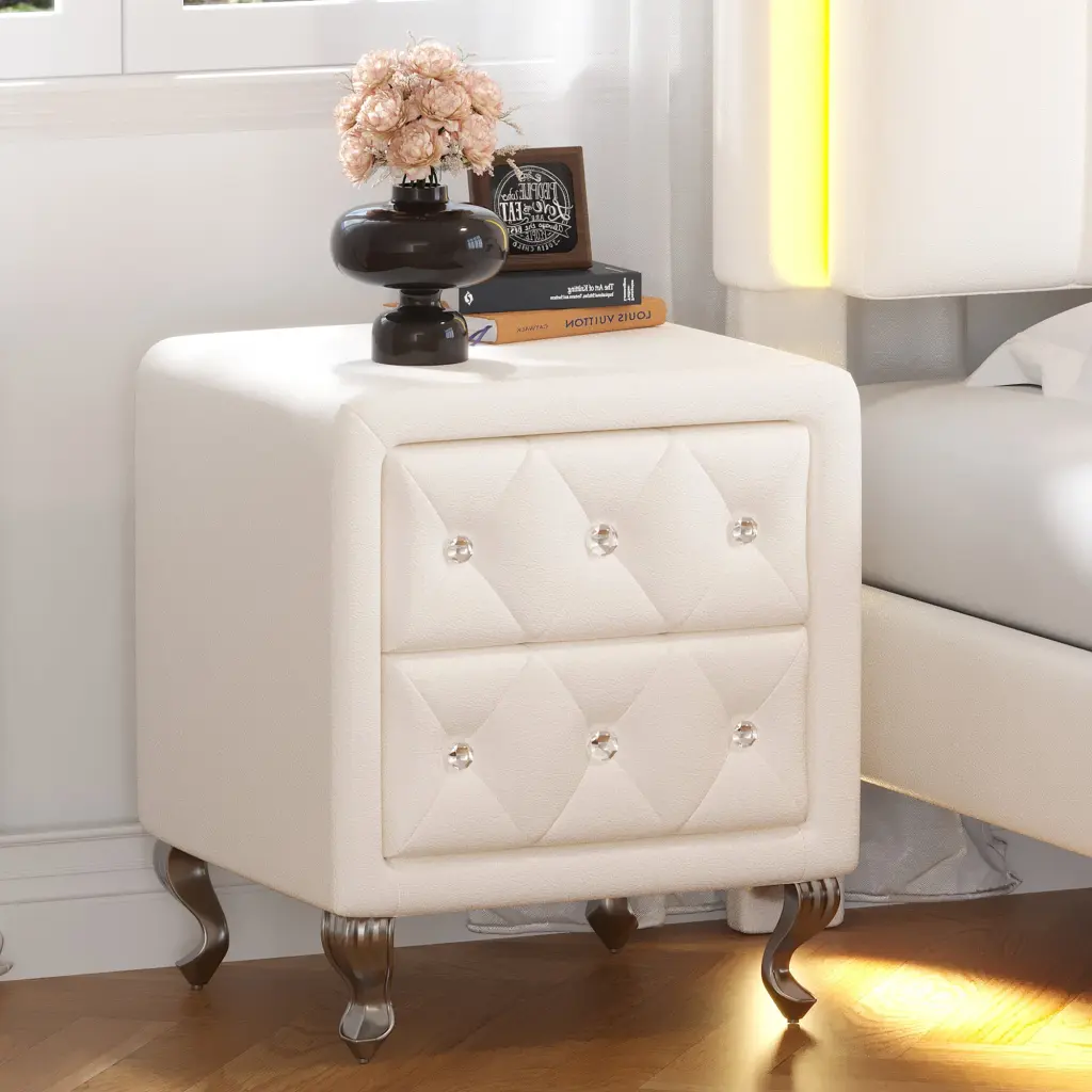 Elegant PU Nightstand 2 Drawers And Crystal Handle Fully Assembled homey life