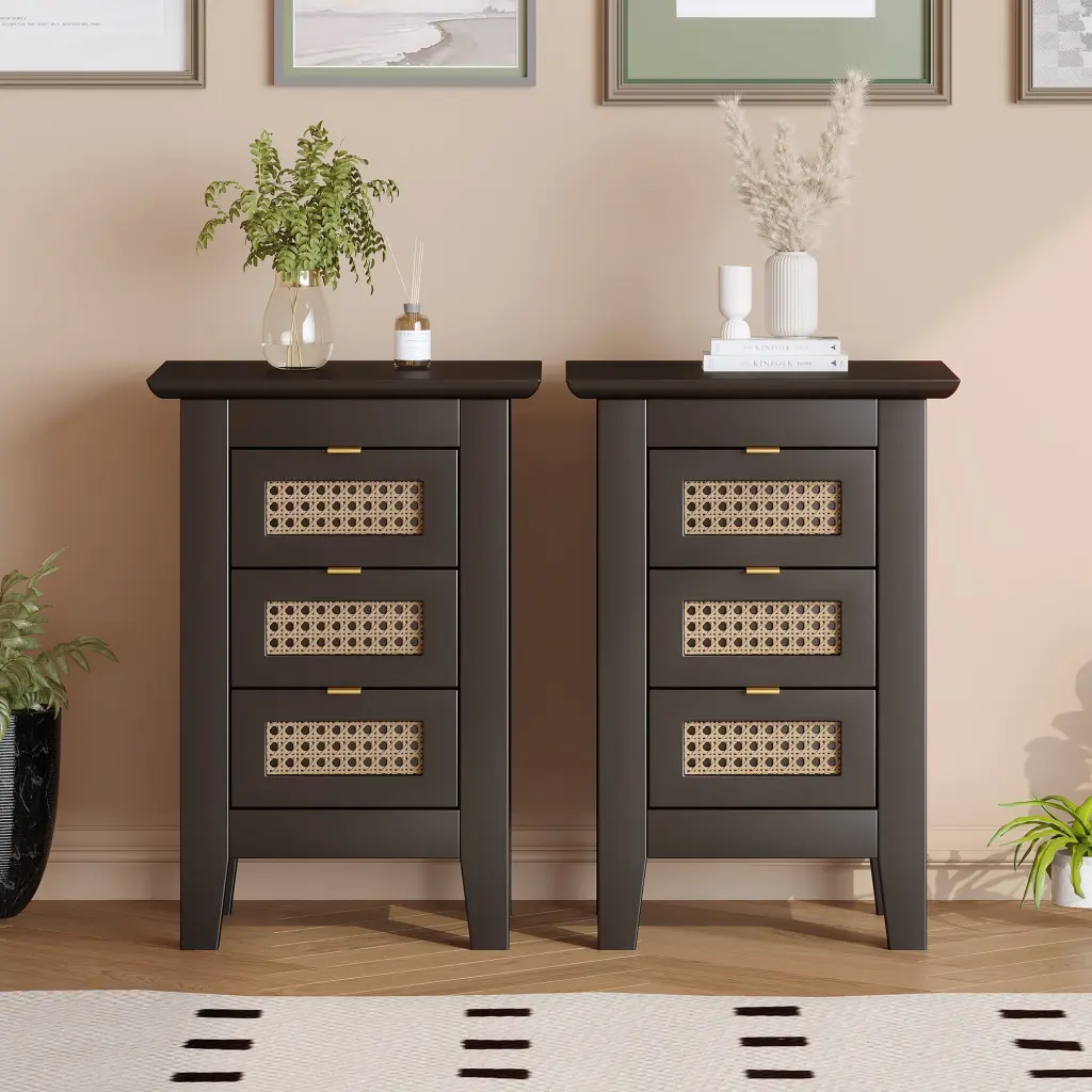 Set 2 Wooden Nightstands Rattan Woven Surfaces and Three Drawers homey life