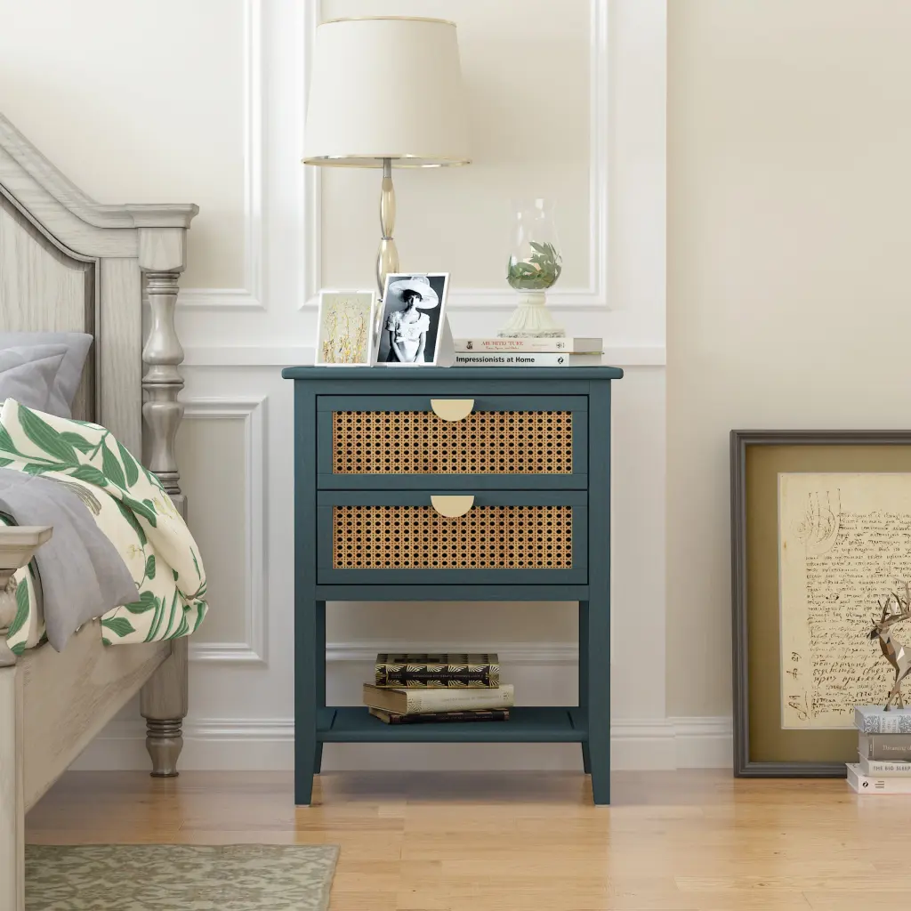 2 Drawer Side Table Naturel Rattan End Table Bedroom Living Room rnb