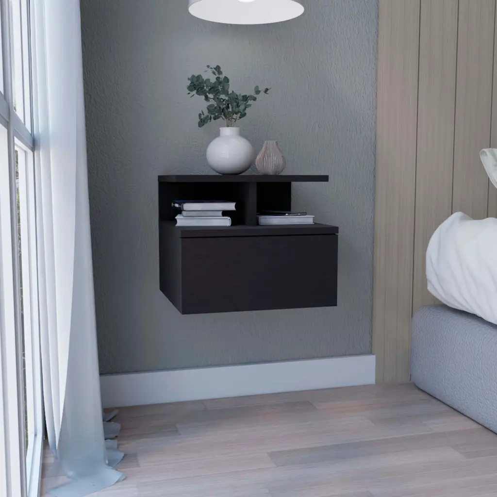 Floating Nightstand 12 Inch Wall Mounted Single Drawer and 2 Tier Shelves rta mubles colombia