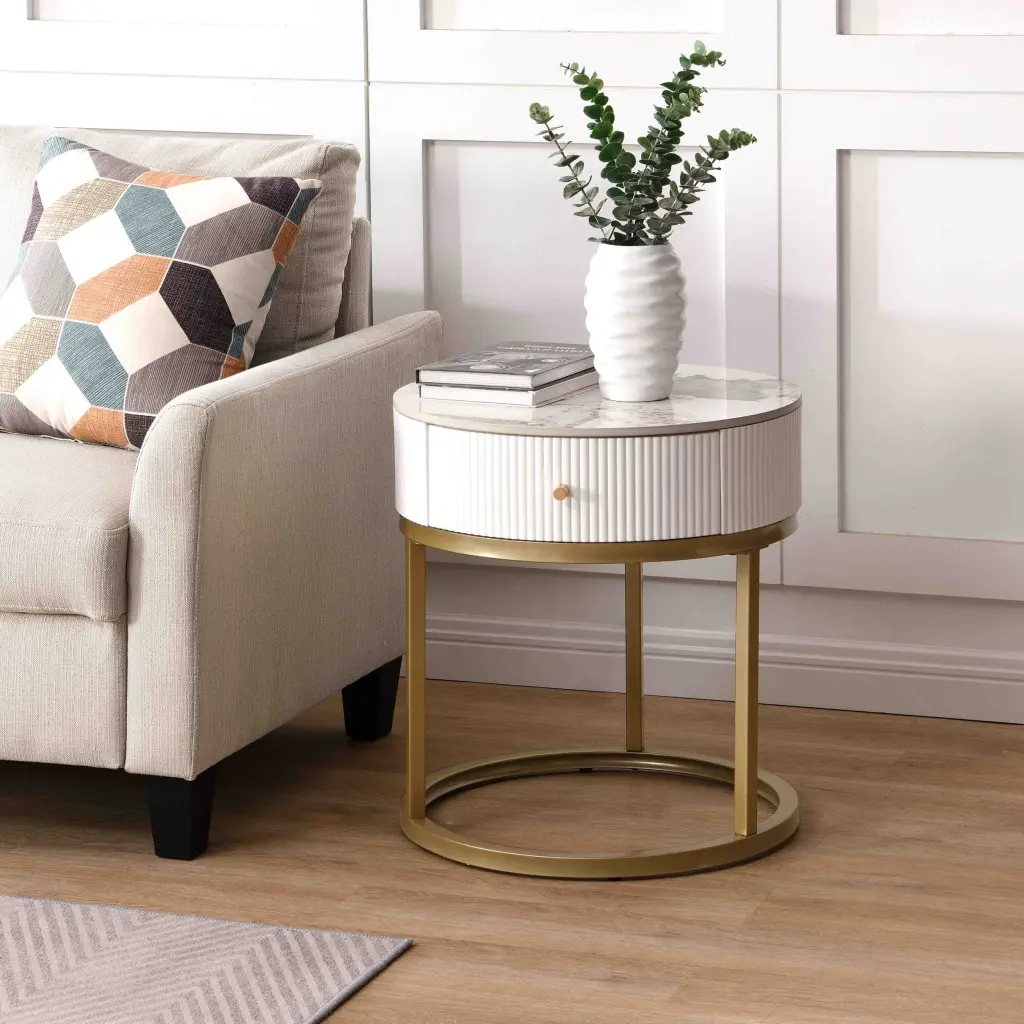 19.68 Inch Modern Nightstand Drawer Marble Round End Table Bedroom s-e furniture