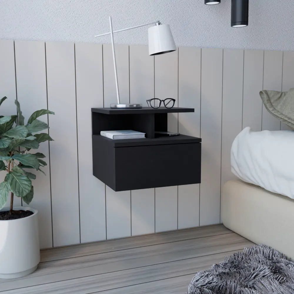 Adele Floating Nightstand Side Table Drawer Open Shelf Modern Design tuhome