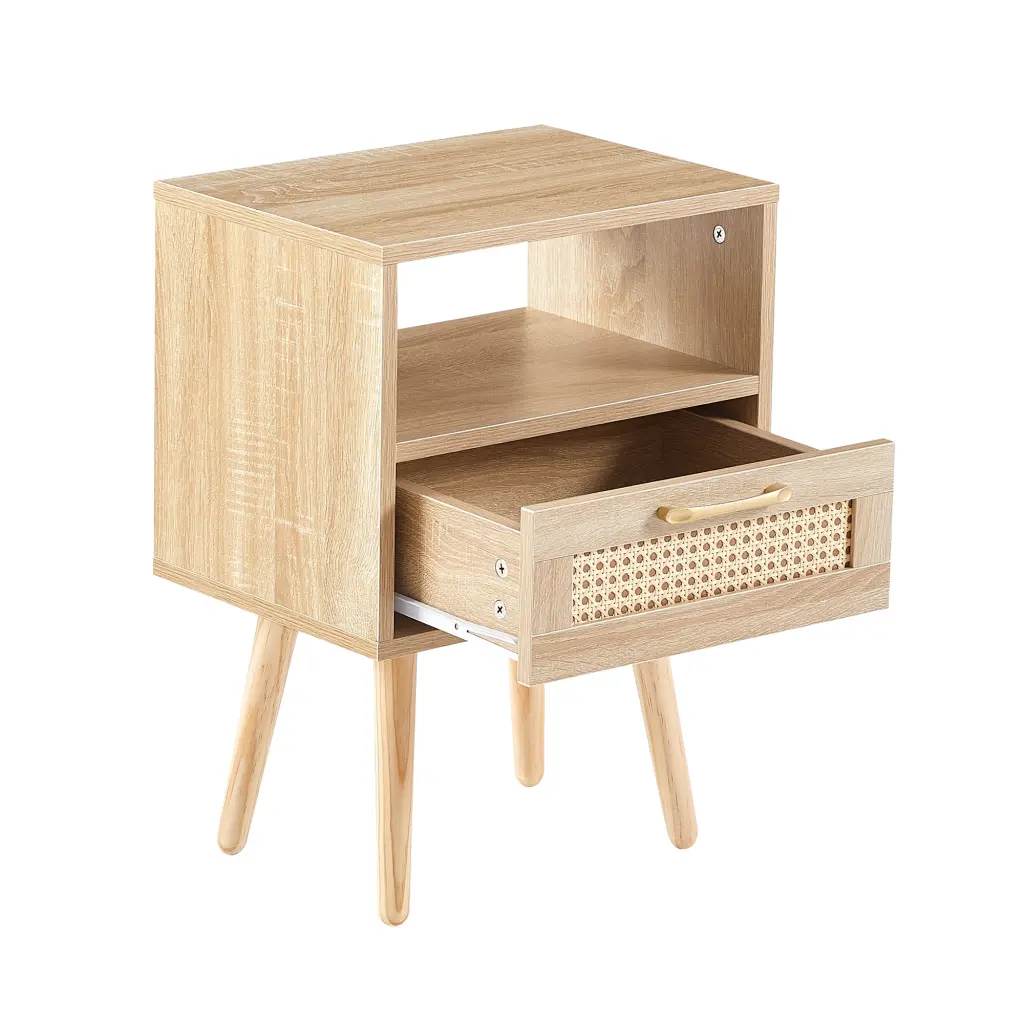 15.75 Inch Rattan End Table Drawer And Solid Wood Legs Modern Nightstand w2181
