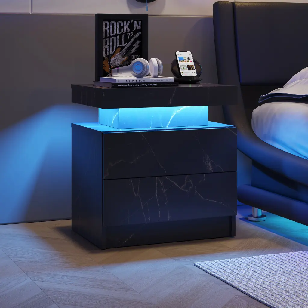 Nightstand LED Bedside Table Cabinet Lights Modern End Side 2 Drawers w2371