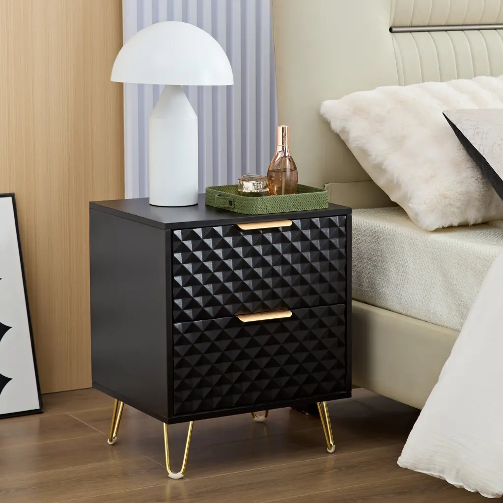 Black Nightstand Premium Carving Board 2 Drawer Bed Side Table yanshangwu