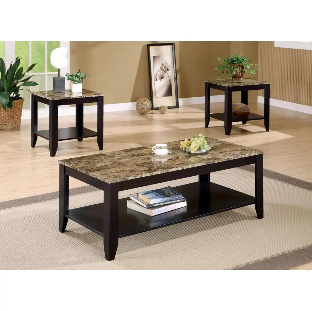 Cappuccino 3 Piece Faux Marble Top Occasional Set Brown furniture max