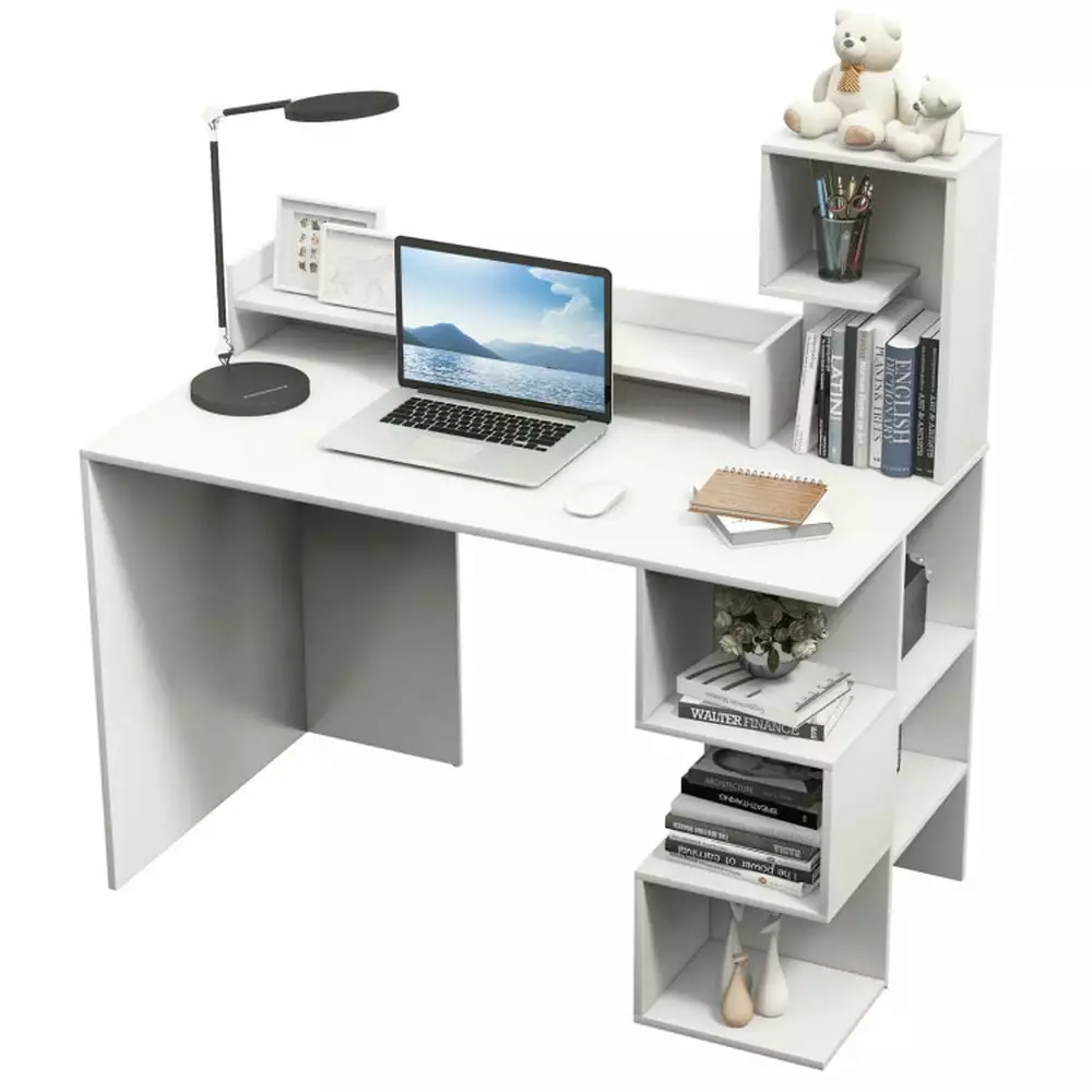 Barara King White Home Office Desk Storage Bookshelf and Hutch Modern Computer Gaming Table