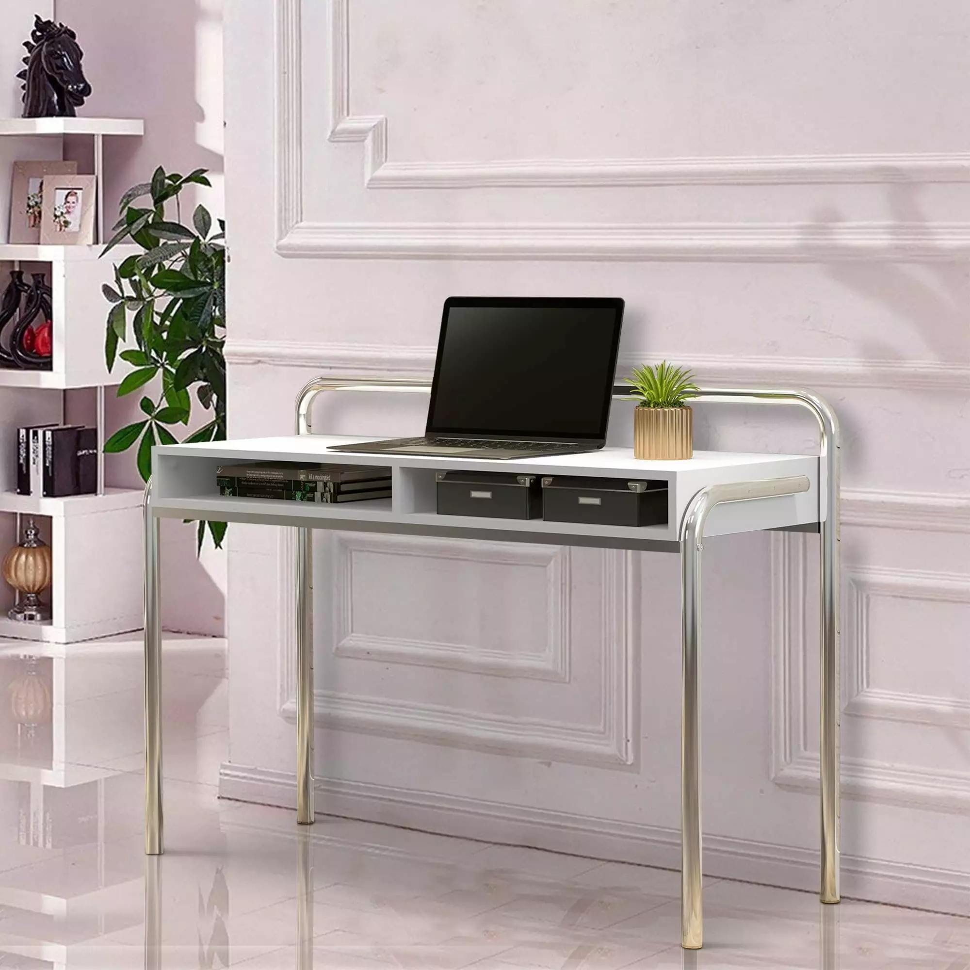 Office Desk 2 Compartments and Tubular Metal Frame White and Chrome Bed Bath & Beyond