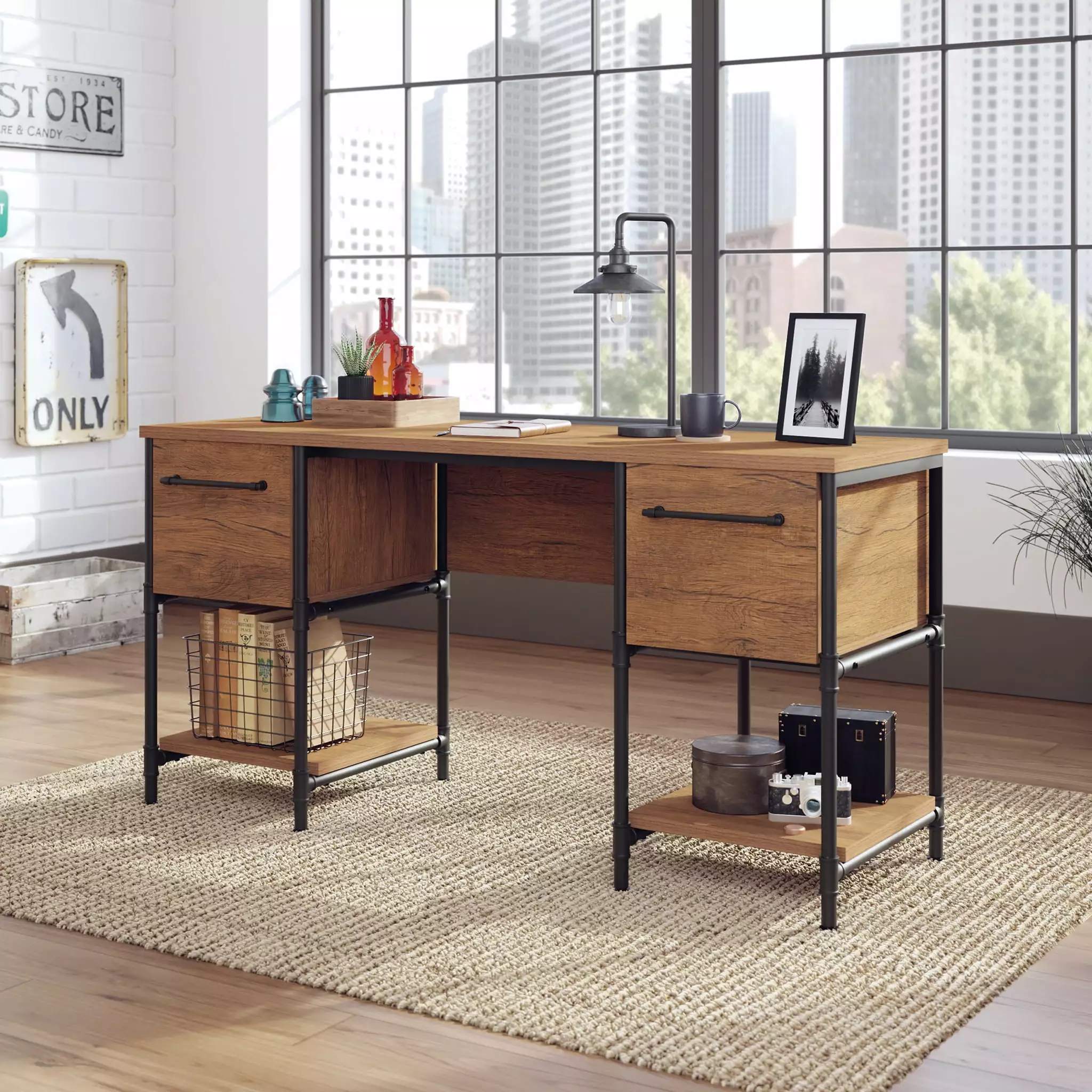 Sauder Iron City Industrial Double Pedestal Office Desk Checked Oak Finish
