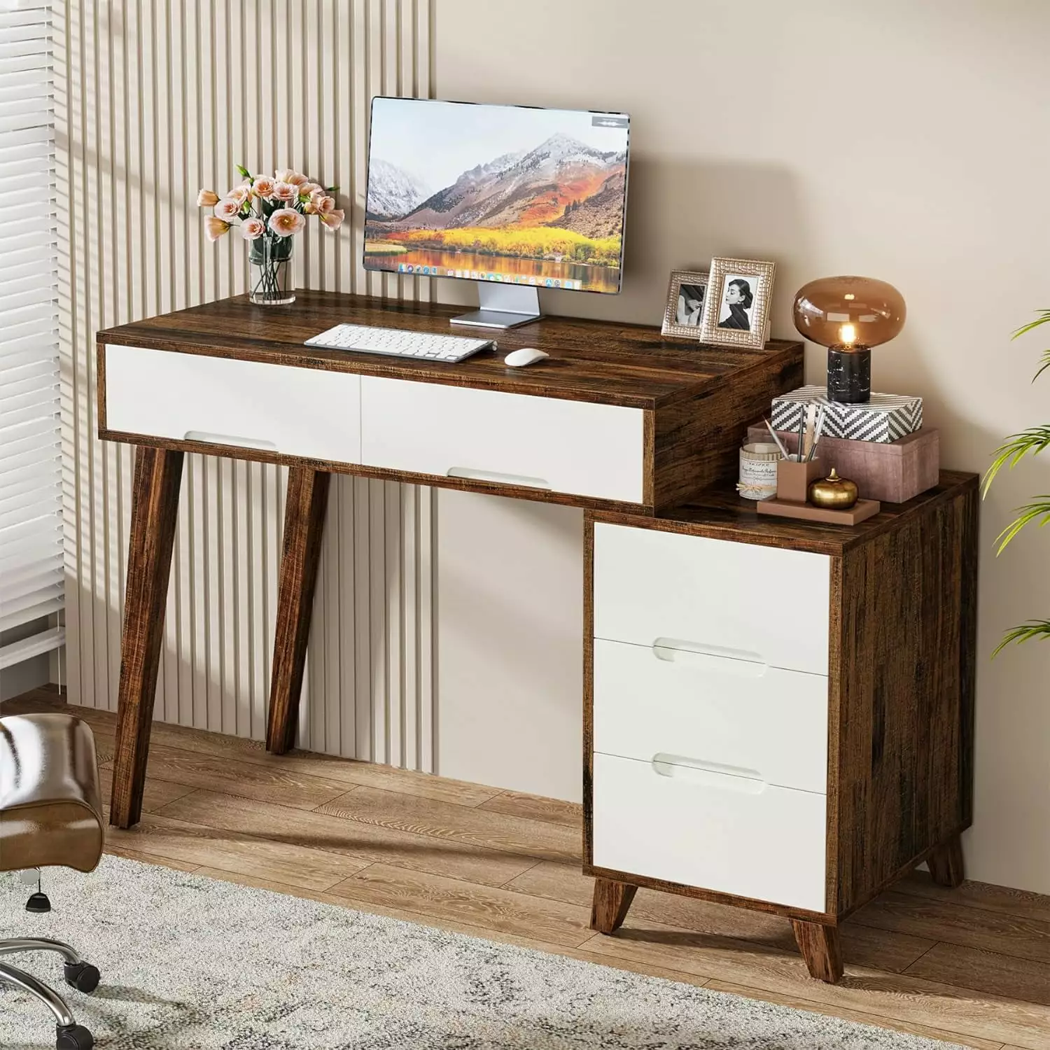 Tribesigns Computer Desk 5 Drawers Home Office Study Writing Table Brown White