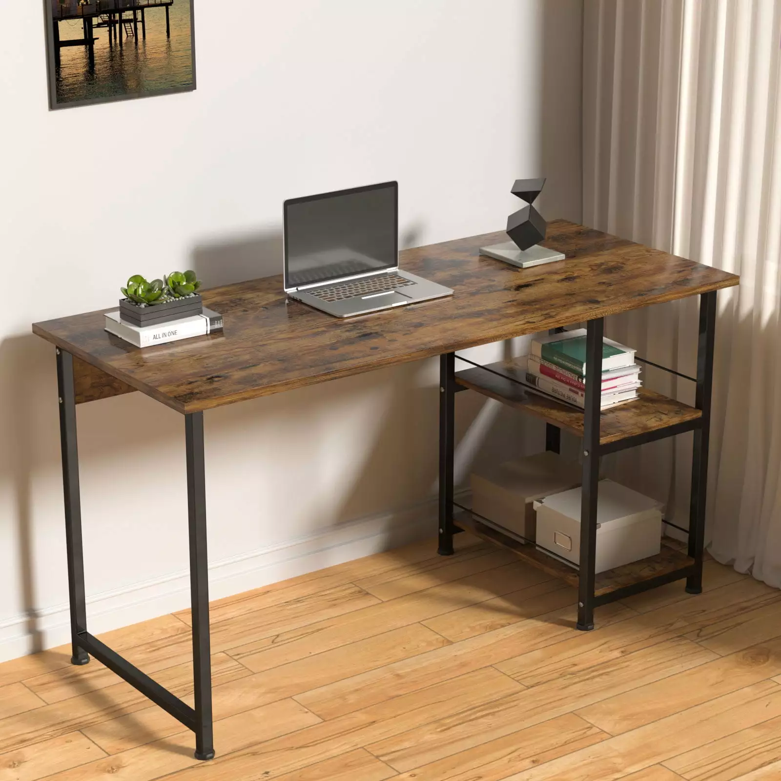 TY Arts & Culture 55.2 Large Office Computer Desk Metal Frames Book Shelf Brown