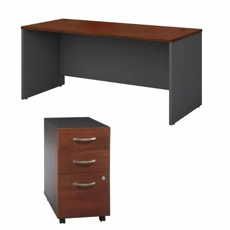 Bush Furniture Series C 66 Desk Shell and 3 Drawer Mobile Pedestal Set Cherry