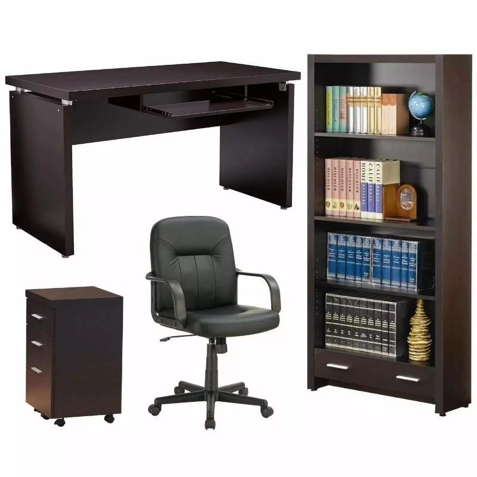 Home Square 4-Piece Office Set Desk, Bookcase, Chair, and File Cabinet