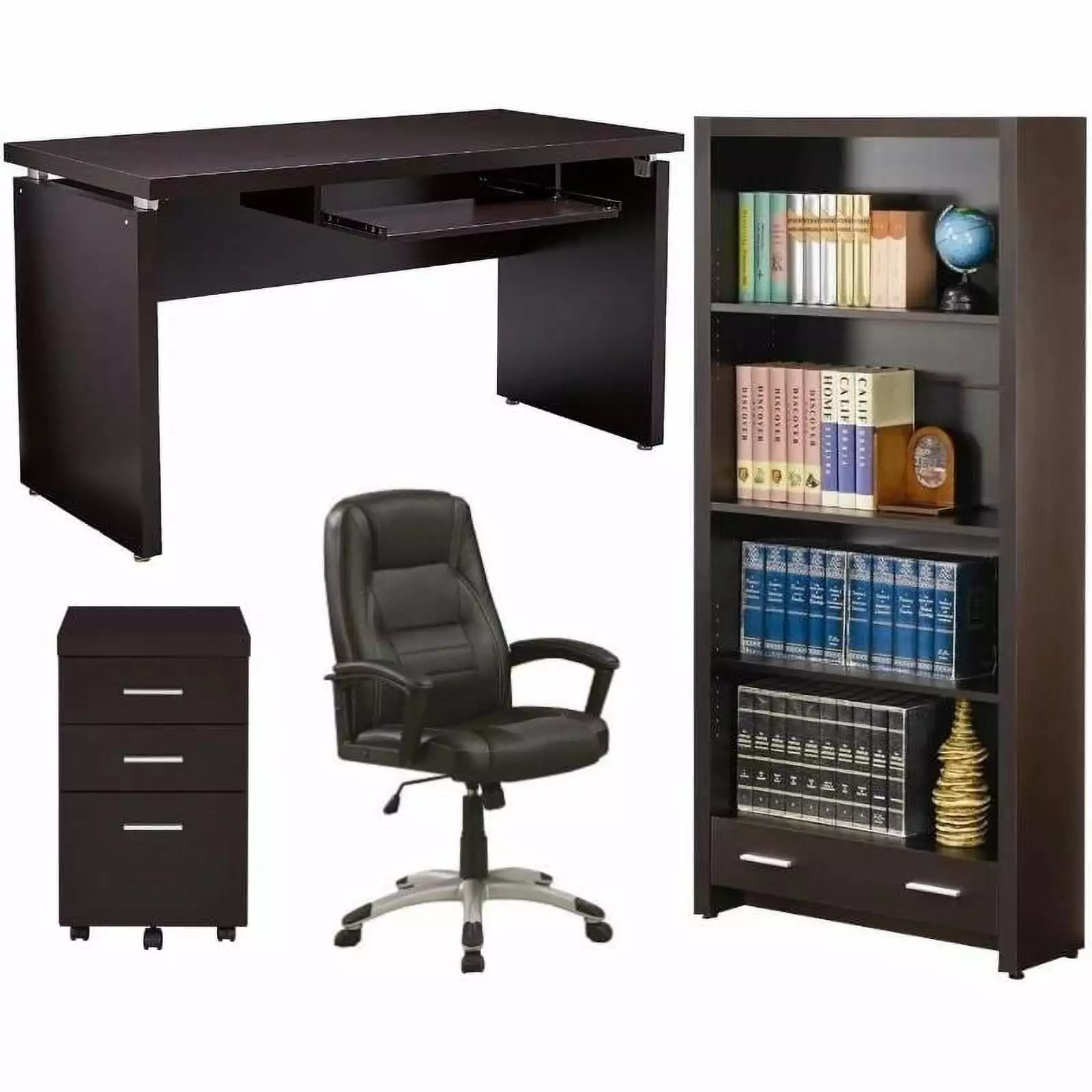 Home Square 4 Piece Set Office Chair Desk Mobile File Cabinet and Bookcase
