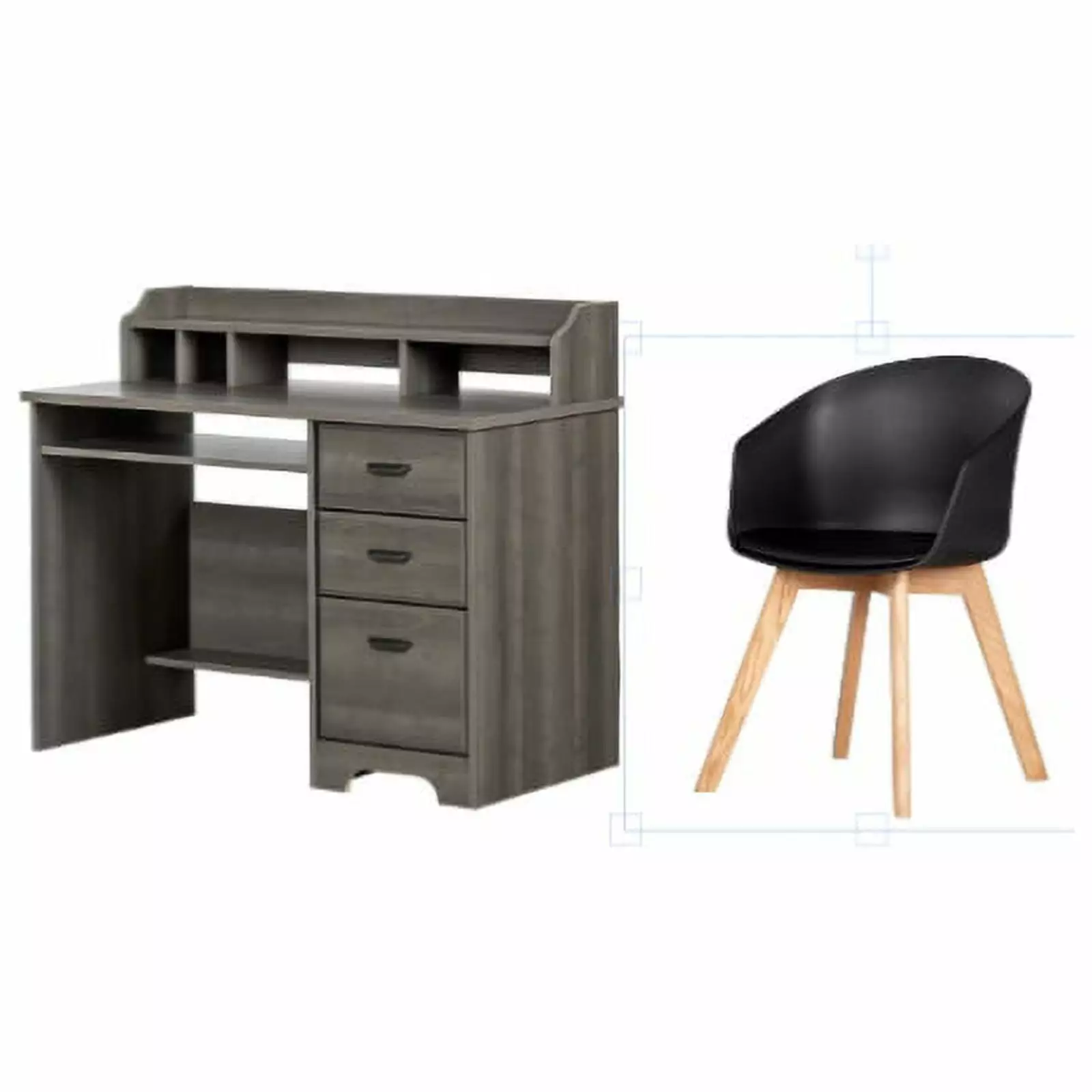 South Shore Versa Gray Maple Desk and Black Chair Set Wooden Legs