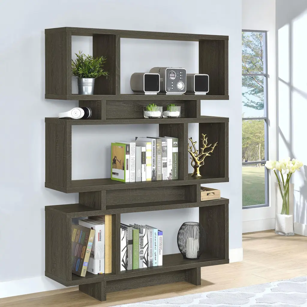Weathered Grey 5 Shelf Bookcase Horizontal Office Open Back Storage furniture max