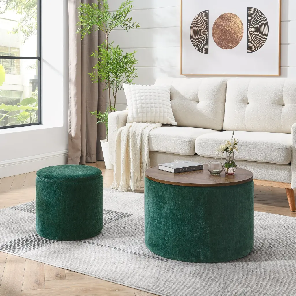 2 Piece Set Round Chenille Storage Ottoman Equipped Drum Influence Design chuangyuan smart home