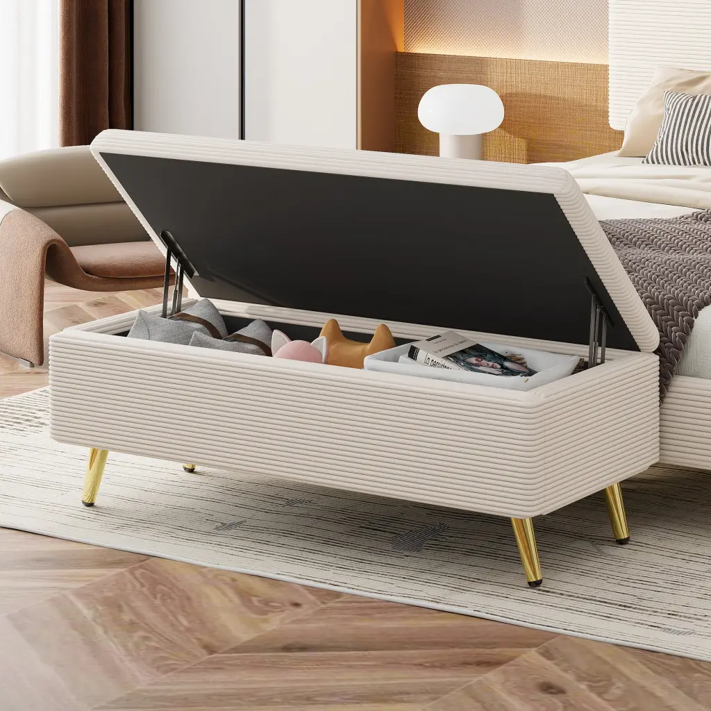 Modern Corduroy Upholstered Ottoman Metal Legs and Storage Bench homey life