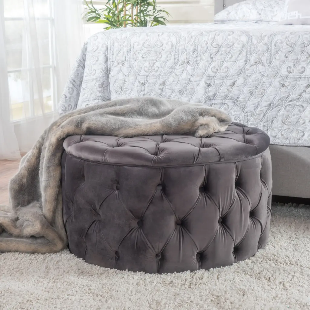 Grey Velvet Ottoman Footrest Storage Living Room nh-an