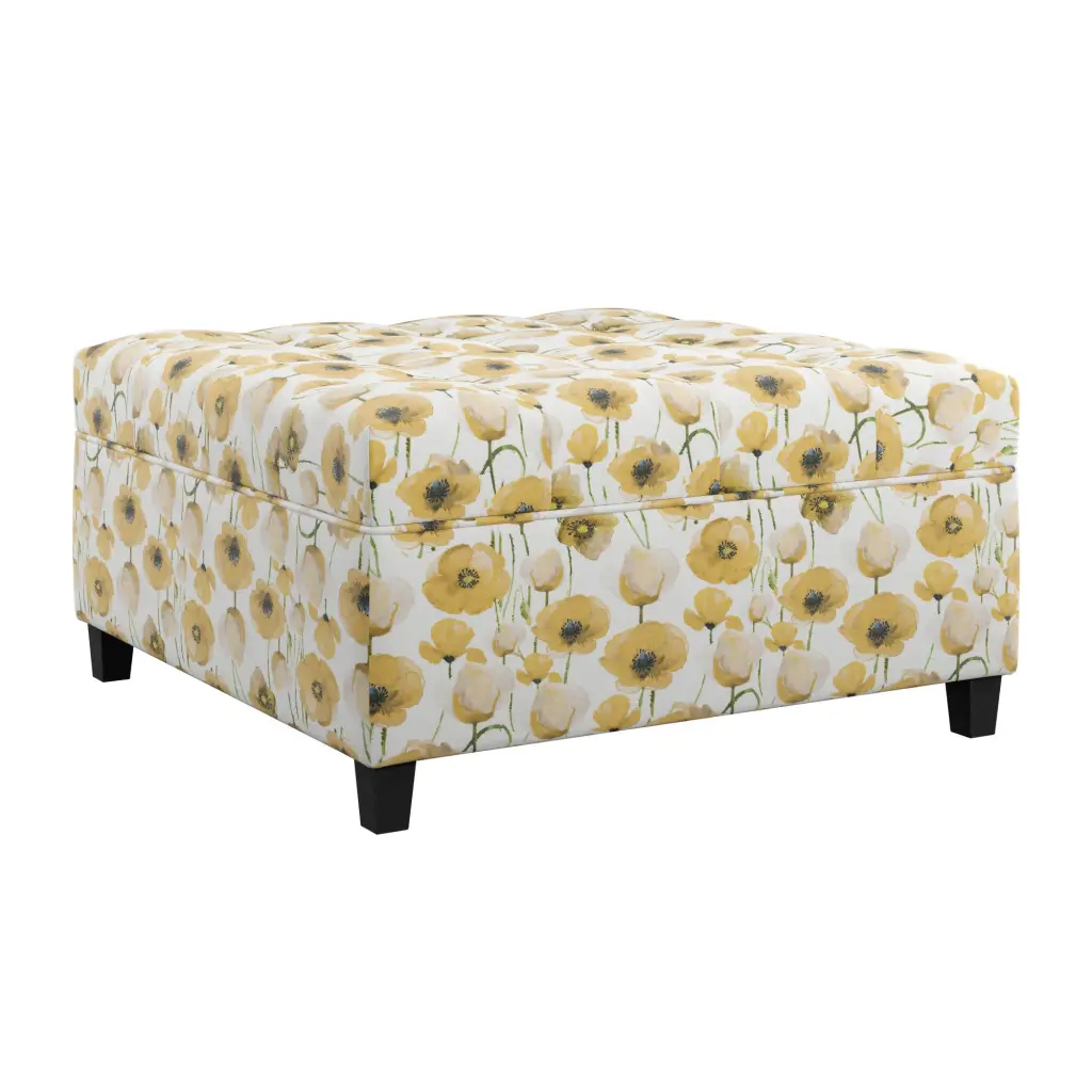 Foria Yellow Floral Storage Ottoman - Bright Yellow and White Polyester Footrest wallace - bay