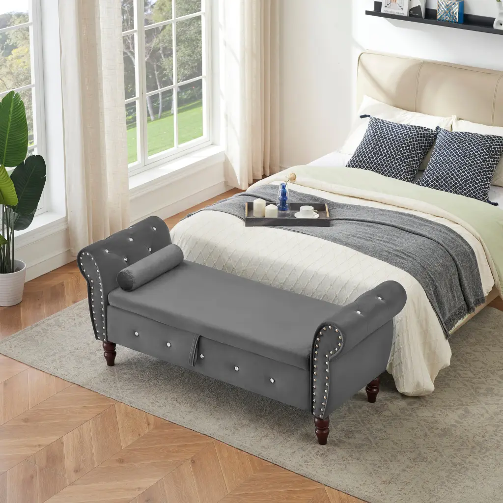 63.38" Velvet Multifunctional Storage Rectangular Ottoman Bench Wheels fj furniture