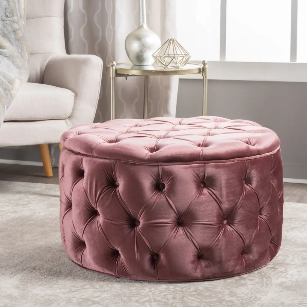 Ottoman Blush Velvet Footstool Pouf Living Room Extra Seating nh-an