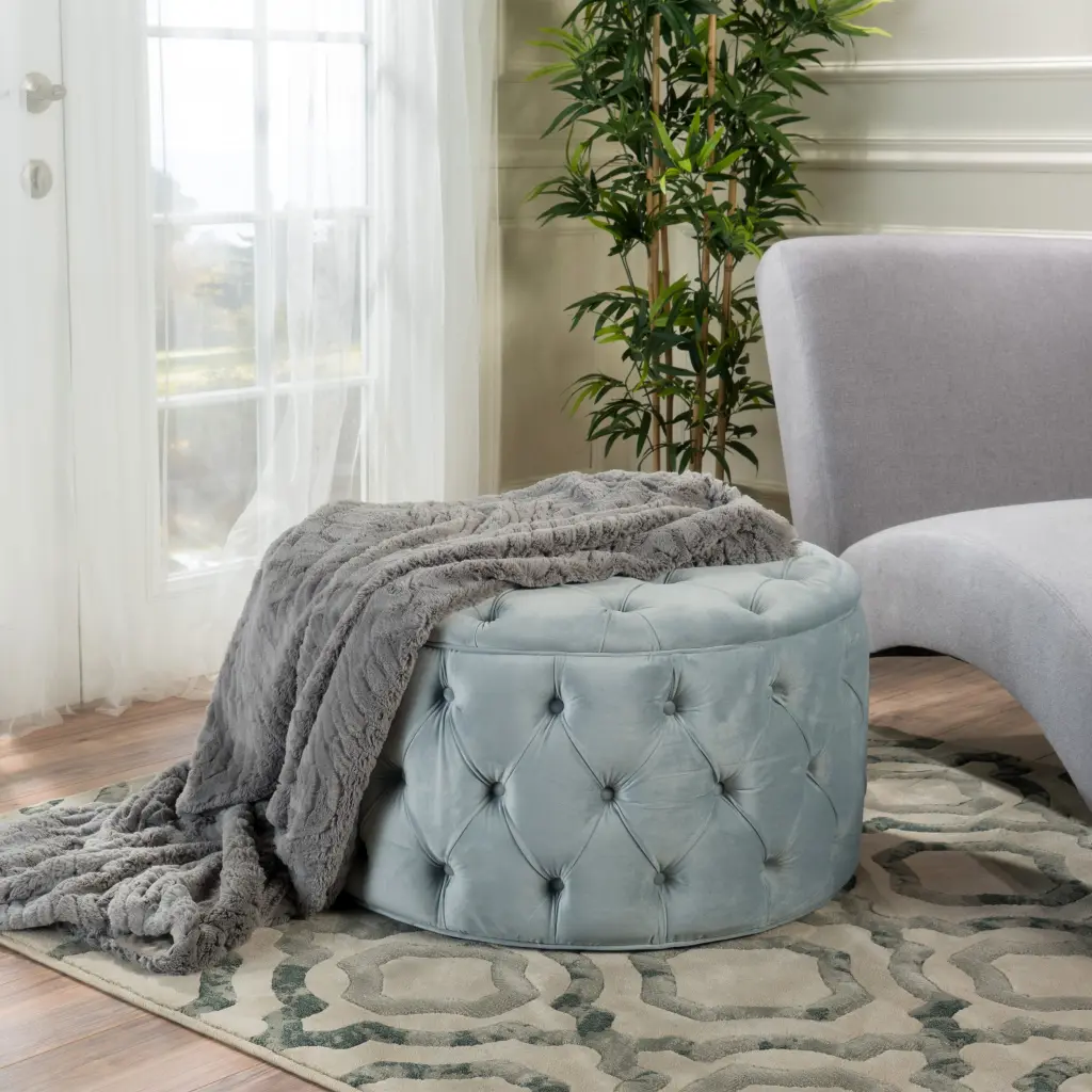 Ottoman Light Grey Velvet Footstool Pouf nh-an