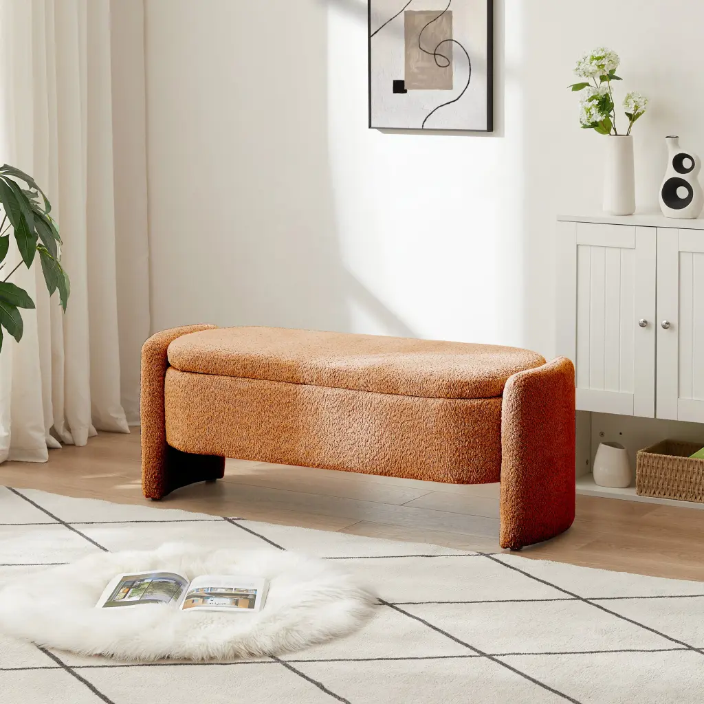 Oval Storage Bench 3D Lamb Fleece Fabric Large Capacity Ottoman fj furniture