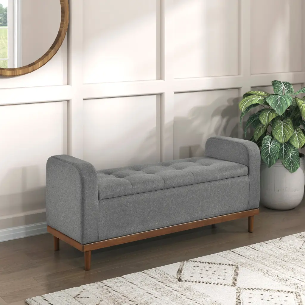 Mid Century Modern Storage Bench Lift Top - Tufted Gray Upholstered Ottoman kanepe