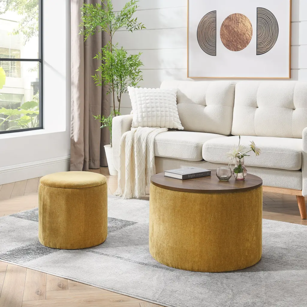 2 Piece Round Chenille Storage Ottoman Set Drum Style Design chuangyuan smart home