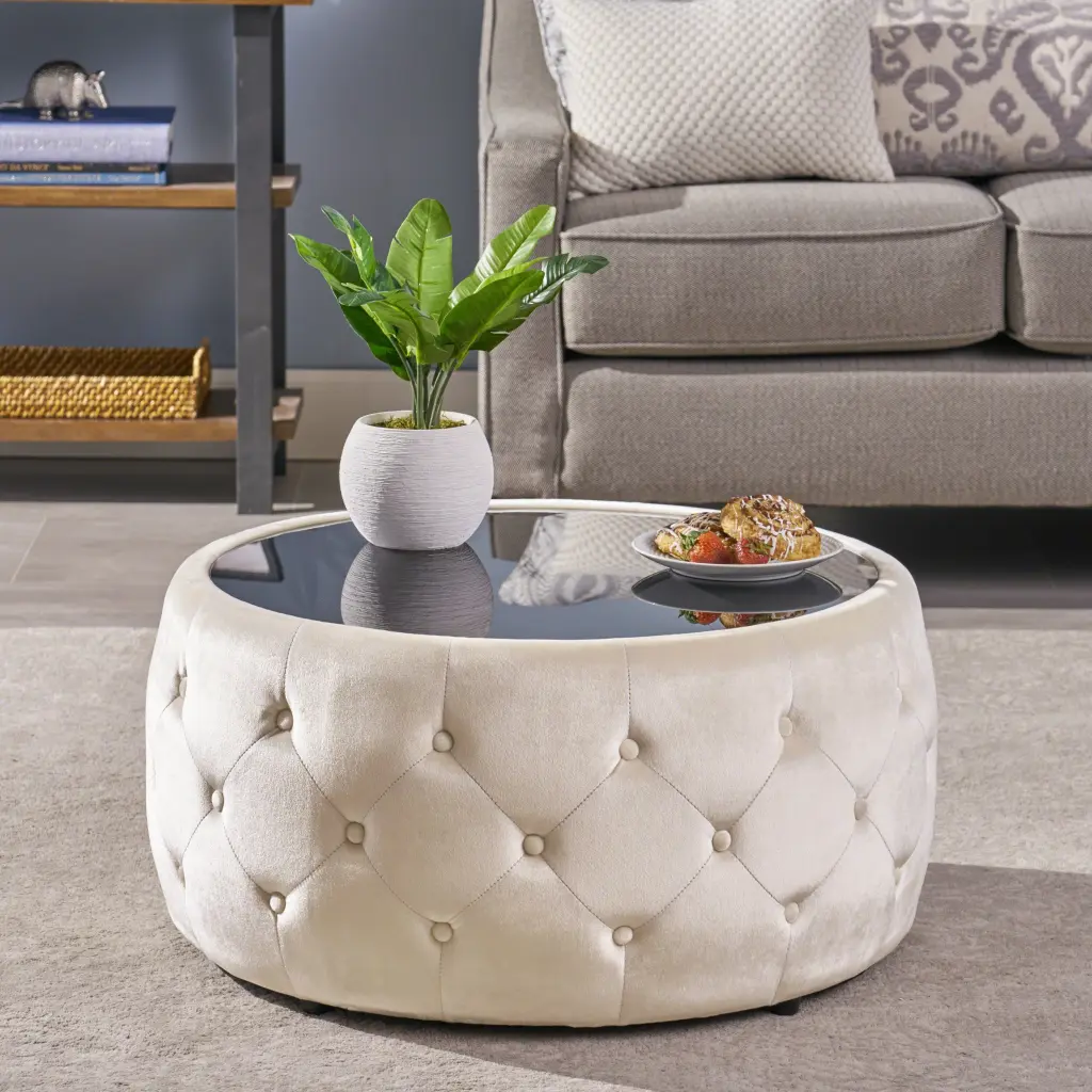 Beige Velvet Ottoman Storage Bench nh-an