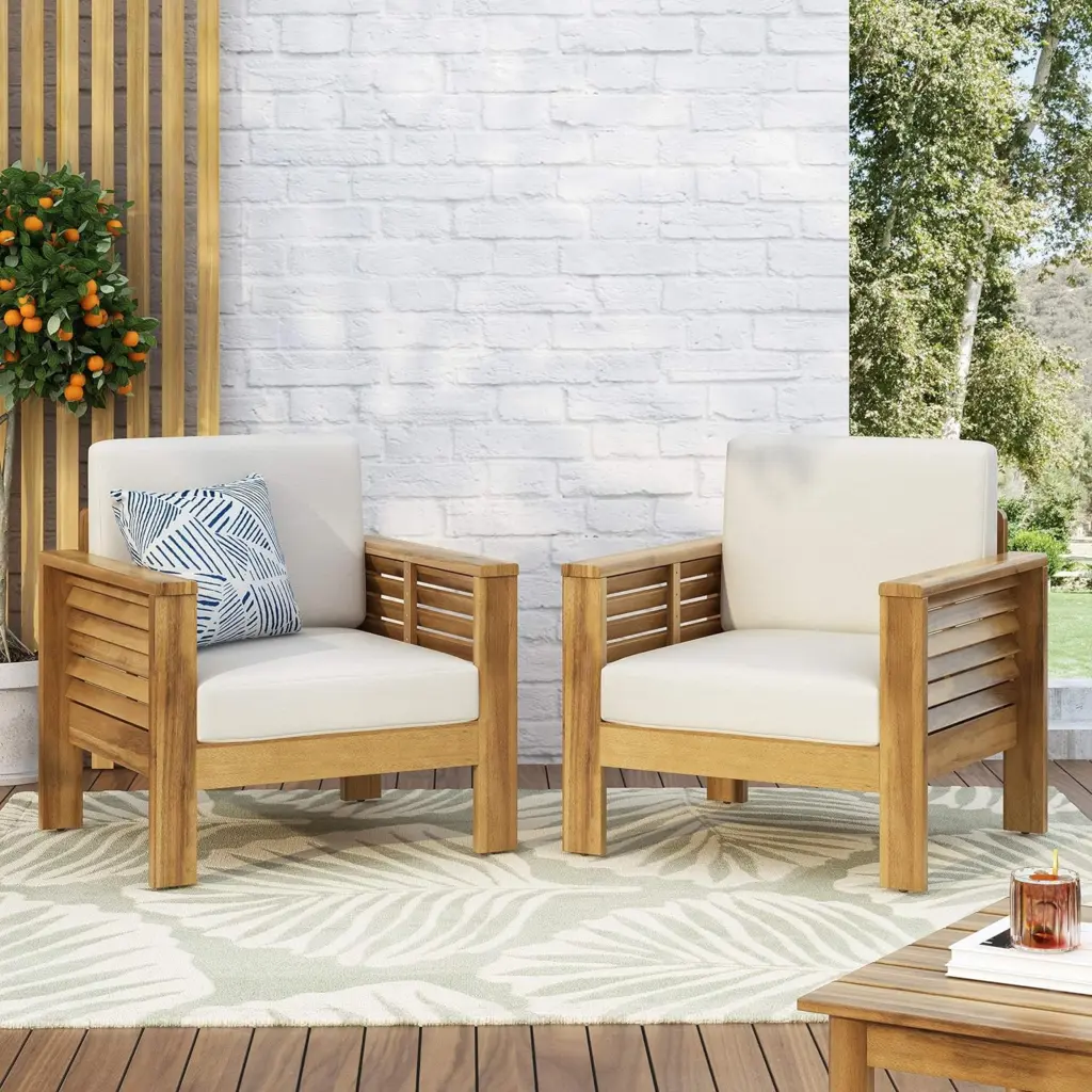 Set 2 Outdoor Acacia Wood Club Chairs Cushions Teak Beige 27 Inches nh-onfind