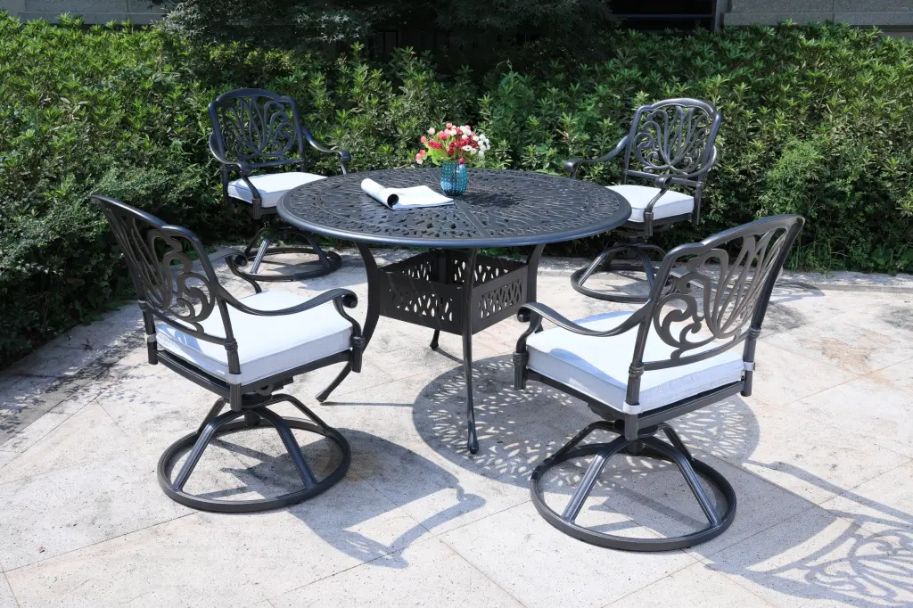 Round 4 Person 48.03 Inch Long Aluminum Dining Set Cushions Dark Gray gathercraft