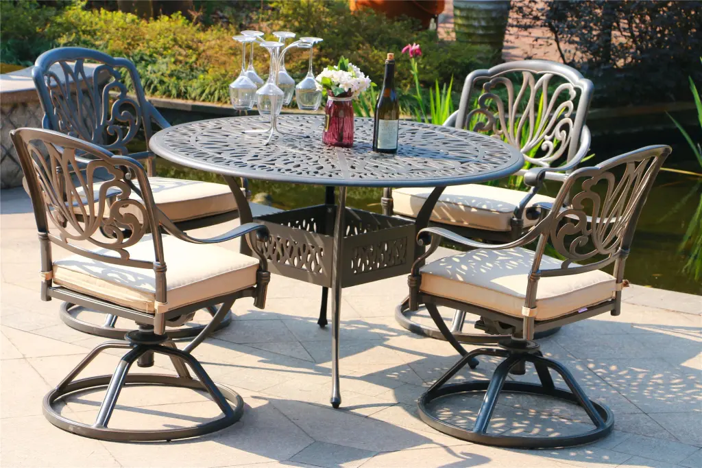 Round 4 Person 48.03 Long Aluminum Dining Set Sunbrella Cushions gathercraft