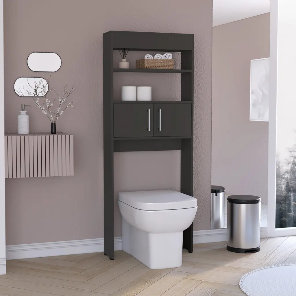 Over Toilet Cabinet Jozz Double Door Two Shelves Black Wengue Finish treevol furniture