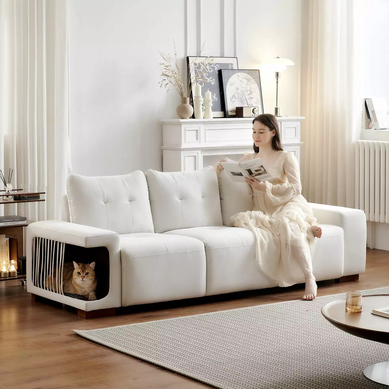 89 Oversized Sofa - 3 Seat Cat's Nest Comfy Sofa White Bouclé Fabric HD JUNTUNKOR