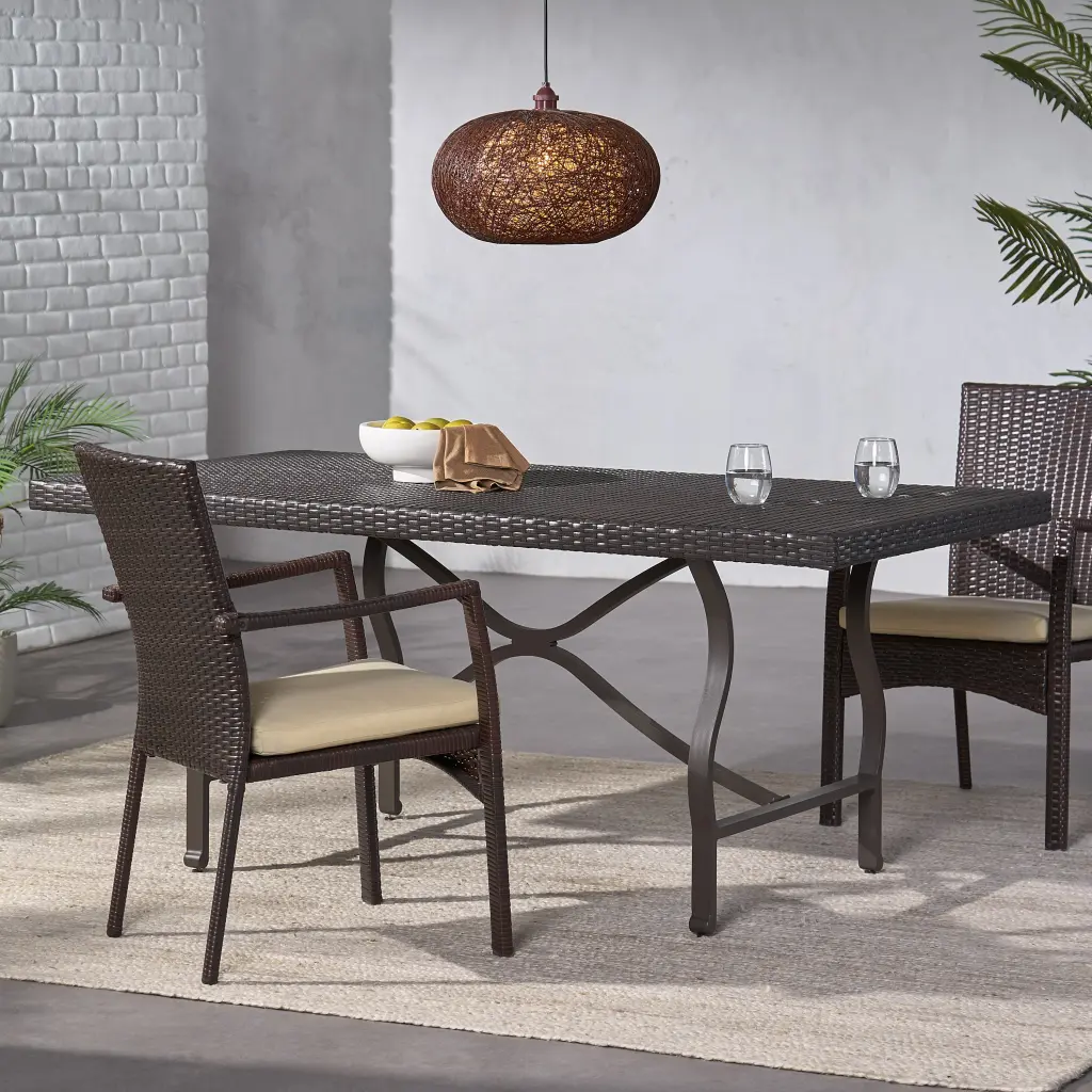 Costa Mesa 70 Antique Brown PE Rattan Iron Patio Dining Table nh-perfect home