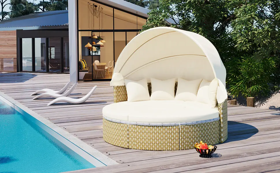 Patio Furniture Round Outdoor Sectional Sofa Set Rattan Daybed Two Tone rnb